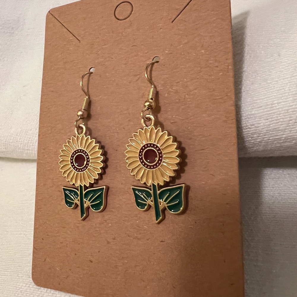 Sunflower Dangle Earrings - Gold and Green NWT - Picture 4 of 4